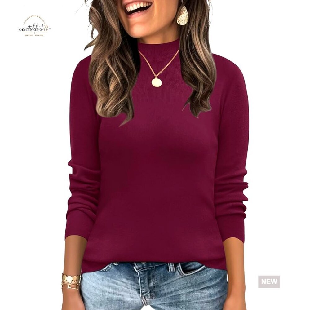 Long Sleeve Mock Neck Pullover Sweater Lightweight Knit Casual Dressy